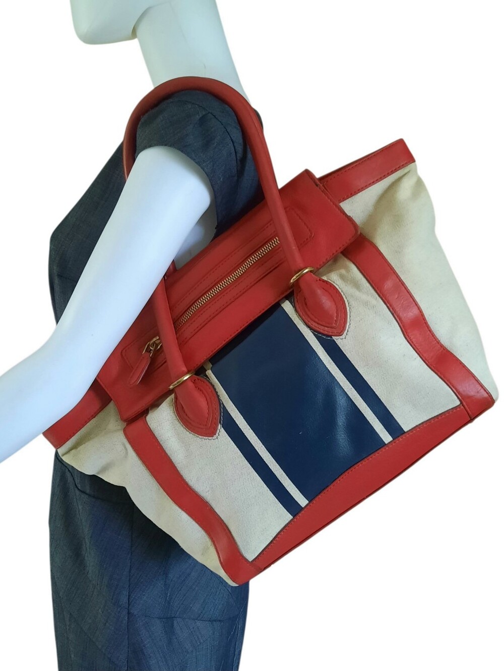 J. CREW Tillary Leather Trimmed Canvas Carry-All Tote Bag Red/ Off White/Blue